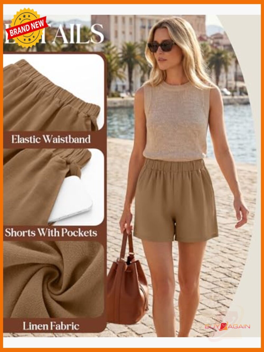 3 Pack High Waist Linen Wide Leg Shorts with Pockets Summer - Picture 5 of 7